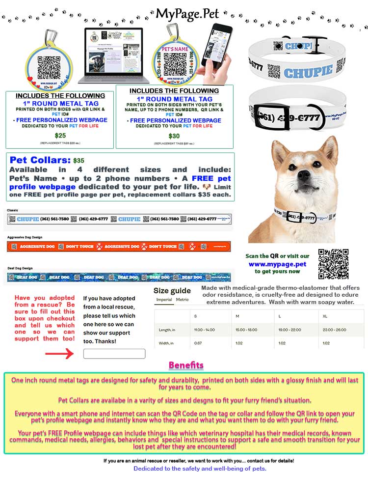 Pet tags and collars with QR link includes FREE pet profile page for life!